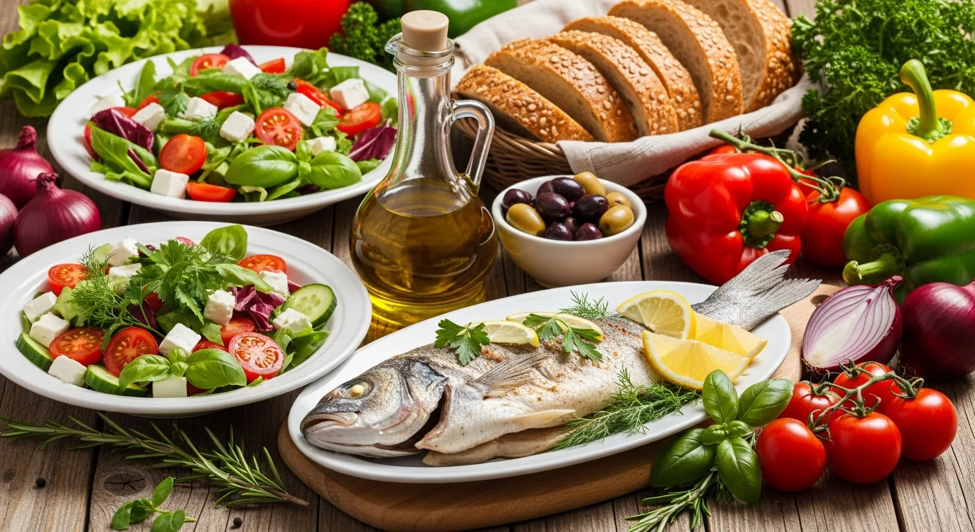 Régime méditerranéen – ingrédients méditerranéens frais avec huile d’olive sur une table rustique