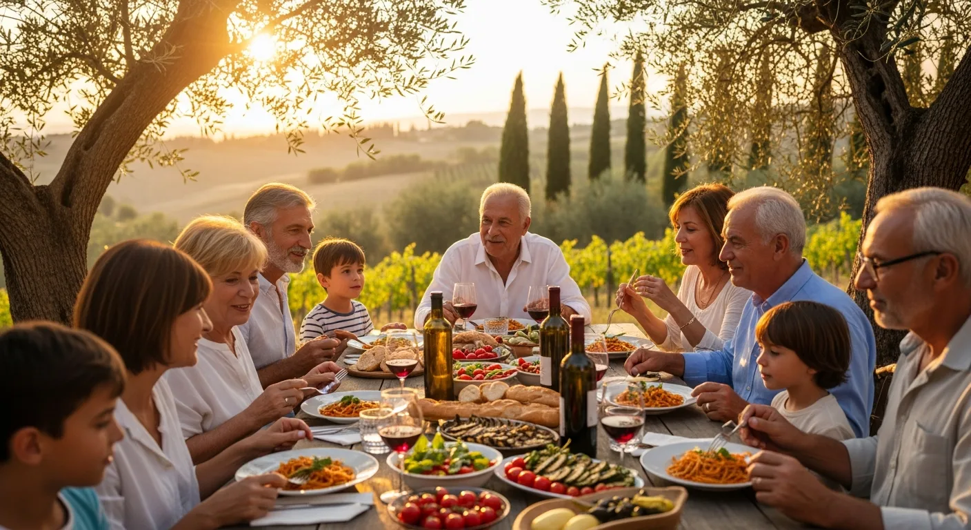 Variété des saveurs de l'huile d'olive – Famille italienne dégustant un repas en plein air sous les oliviers