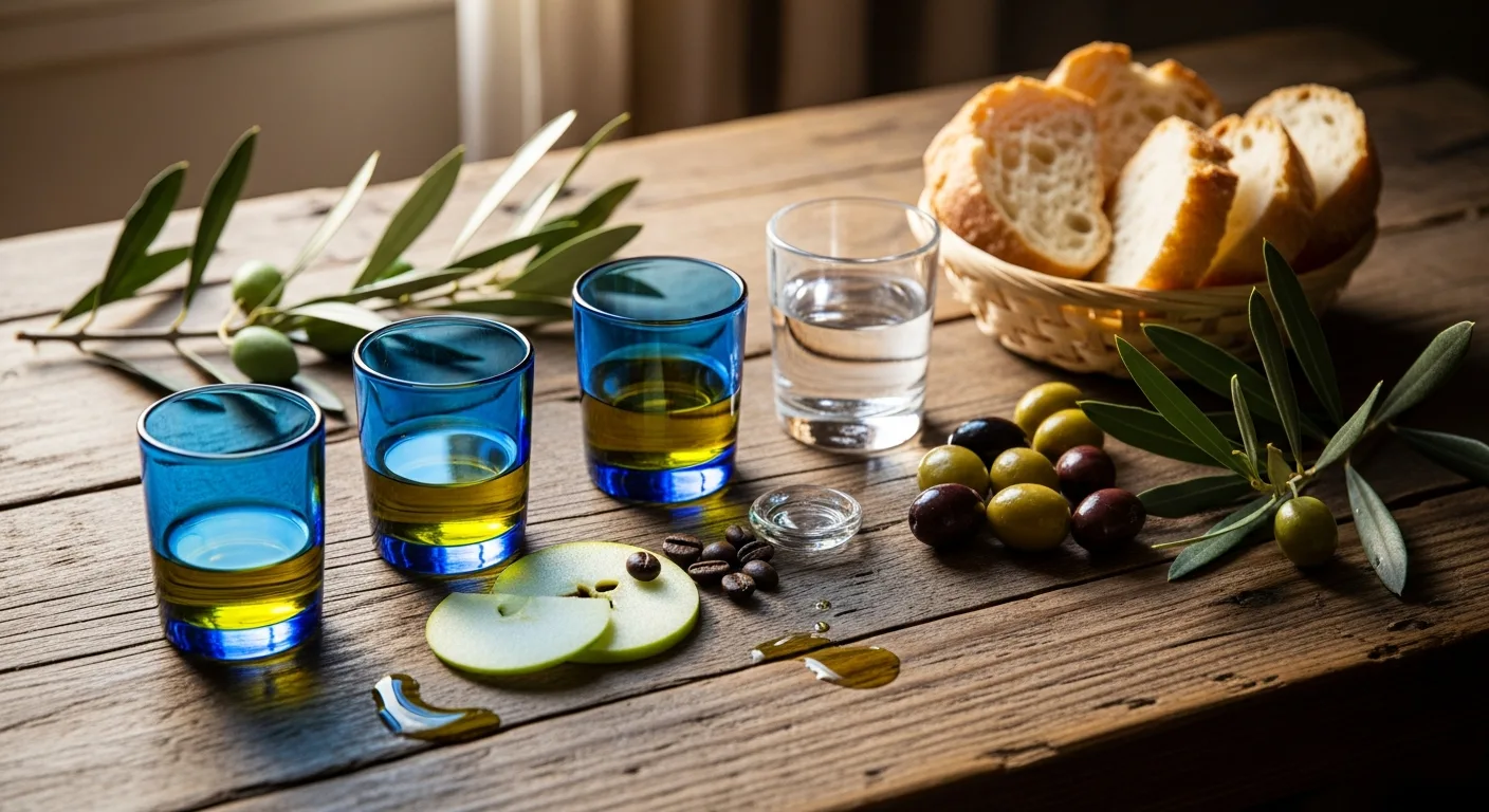 Diversité des saveurs de l'huile d'olive – Dégustation professionnelle avec des verres bleus