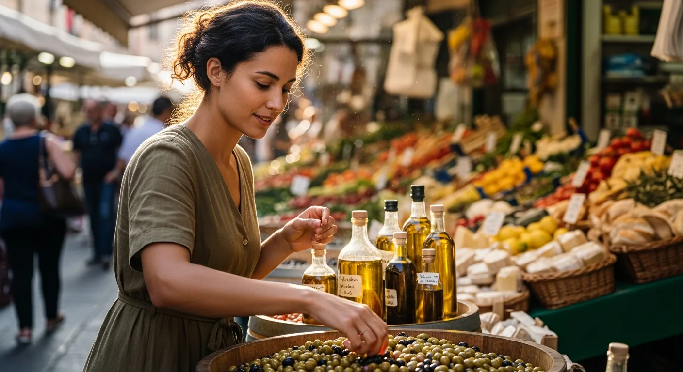 Healthy Olive Oil – Woman selecting fresh olives and olive oil at an Italian market