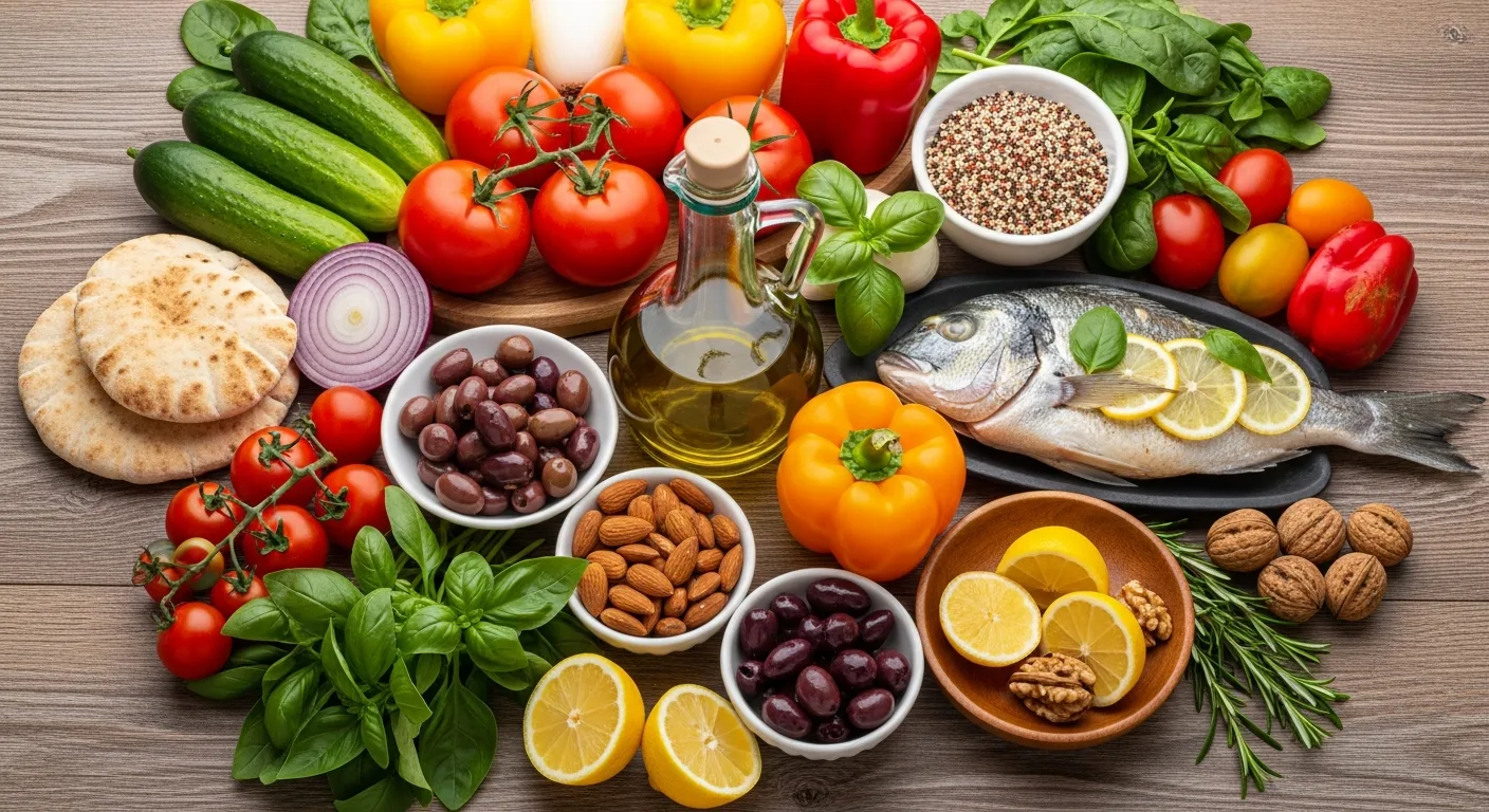 Healthy Olive Oil – Mediterranean diet with vegetables, fish, and extra virgin olive oil