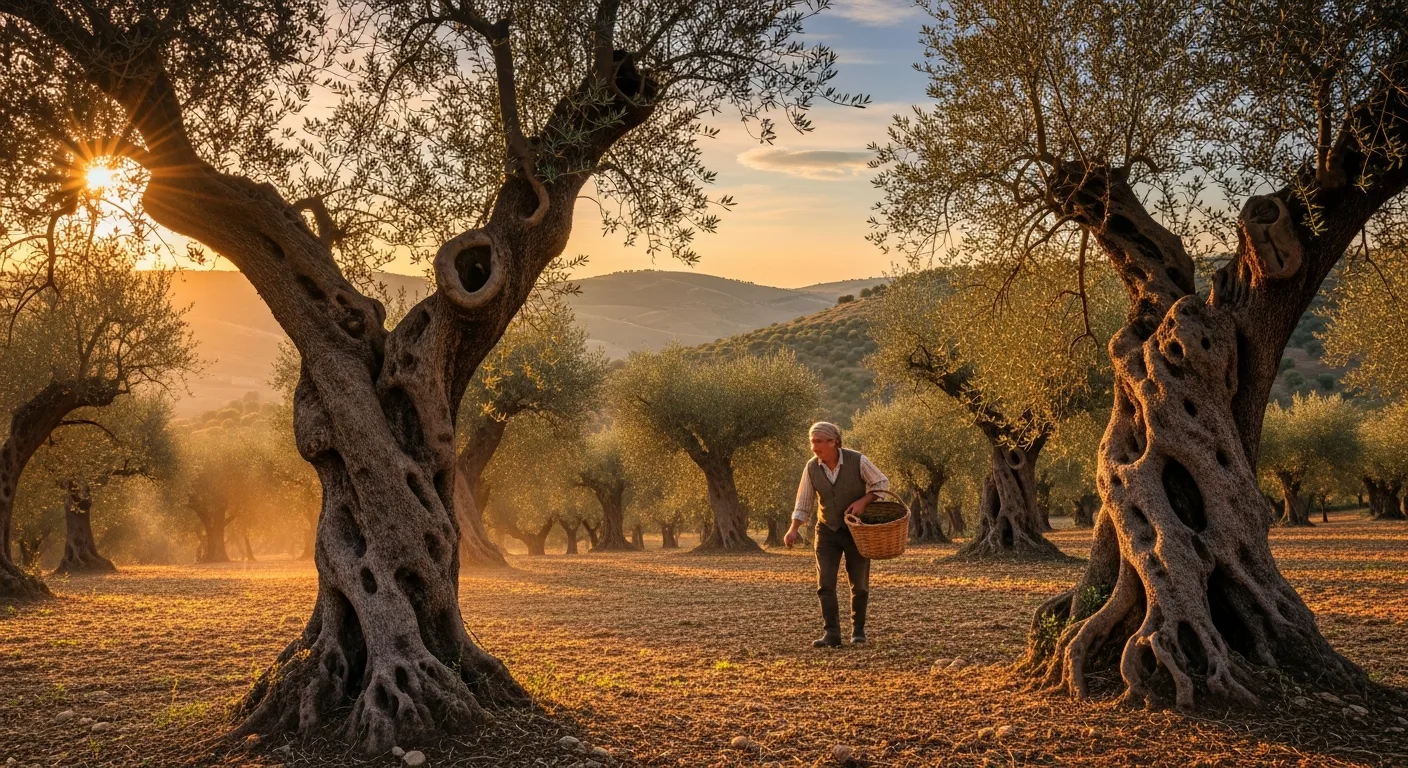 Healthy Olive Oil – Olive harvest in a Mediterranean olive grove at sunset