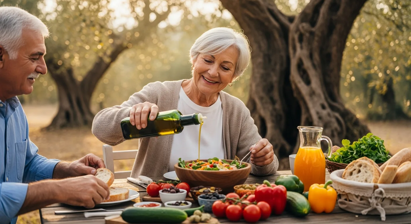 Healthy Olive Oil – Mediterranean couple enjoys healthy breakfast with olive oil