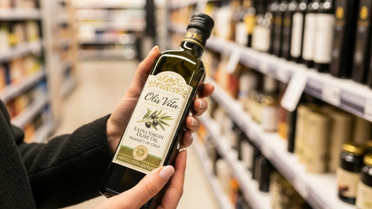 Hand hält Olivenölflasche im Supermarkt und prüft das Etikett auf Qualitätsmerkmale