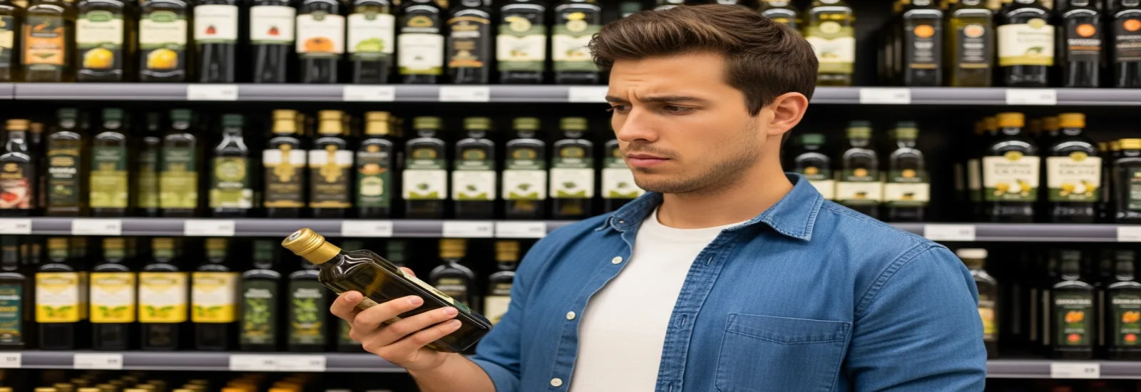 Man standing in a supermarket in front of an olive oil shelf, looking at a bottle in confusion – how to recognize good olive oil