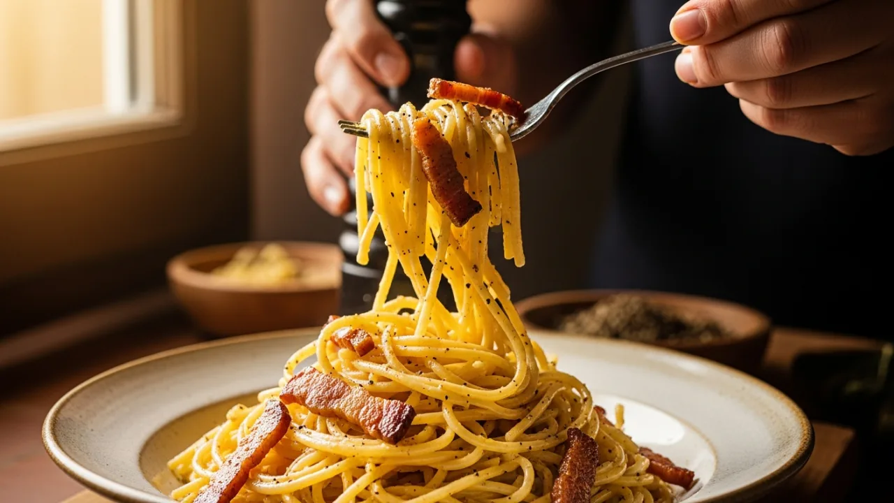 Cremige Spaghetti Carbonara auf der Gabel – original italienisches Rezept ohne Sahne