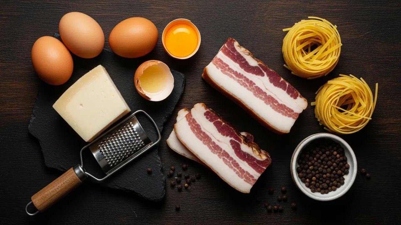 Zutaten für original Spaghetti Carbonara – Guanciale, Pecorino Romano, Eigelb, schwarzer Pfeffer und Spaghetti