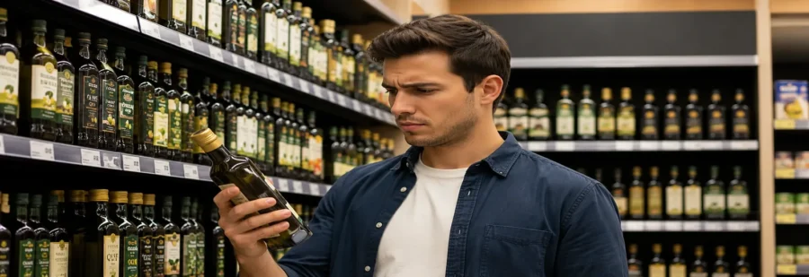 Junger Mann im Supermarkt prüft skeptisch eine Flasche Olivenöl – Symbolbild für die 5 häufigsten Fehler beim Olivenölkauf