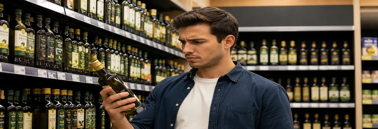 Junger Mann im Supermarkt prüft skeptisch eine Flasche Olivenöl – Symbolbild für die 5 häufigsten Fehler beim Olivenölkauf