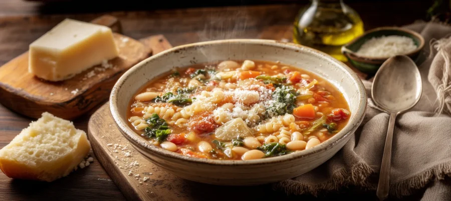 Minestrone alla Nonna in a rustic ceramic bowl with white beans, pasta, Parmesan, and fresh kale, alongside olive oil, a piece of Parmesan, and bread on a wooden board