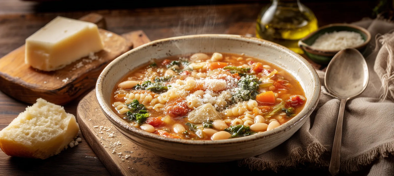 Minestrone alla Nonna in a rustic ceramic bowl with white beans, pasta, Parmesan, and fresh kale, alongside olive oil, a piece of Parmesan, and bread on a wooden board