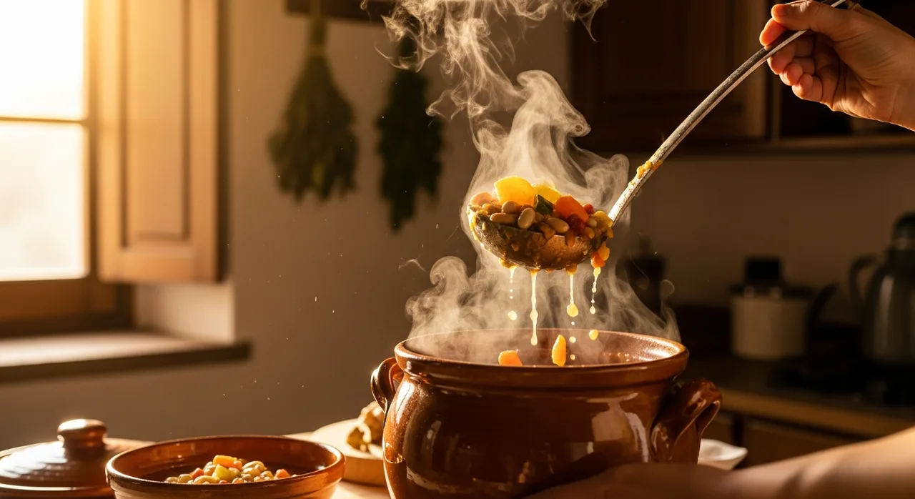 Steaming Minestrone alla Nonna is ladled from a clay pot with a wooden spoon
