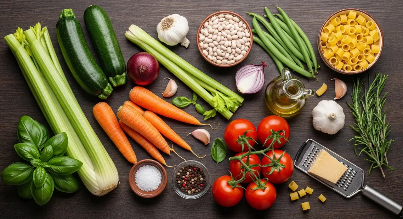 Ingredients for original Italian Minestrone alla Nonna – zucchini, carrots, celery, white beans, tomatoes, ditalini pasta, olive oil, and fresh herbs