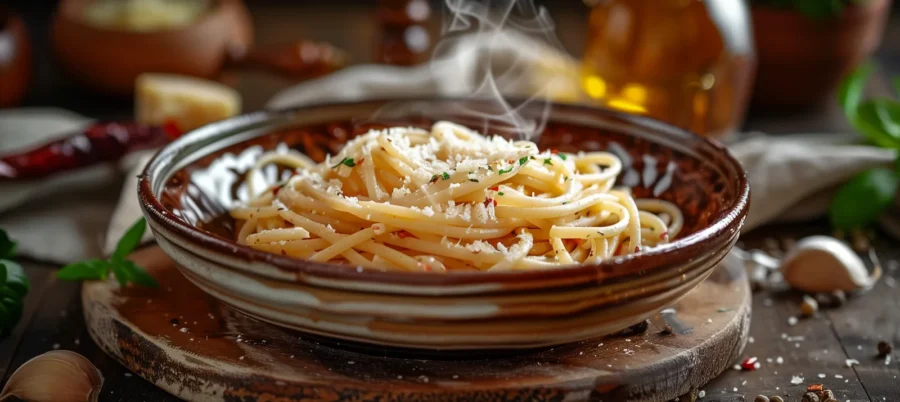 Spaghetti Aglio e Olio in einer rustikalen Keramikschale, dampfend, mit feinen Knoblauch-Aromen, Petersilie und Peperoncino-Flocken – im Hintergrund Olivenöl-Karaffe, Basilikum und Knoblauchzehen