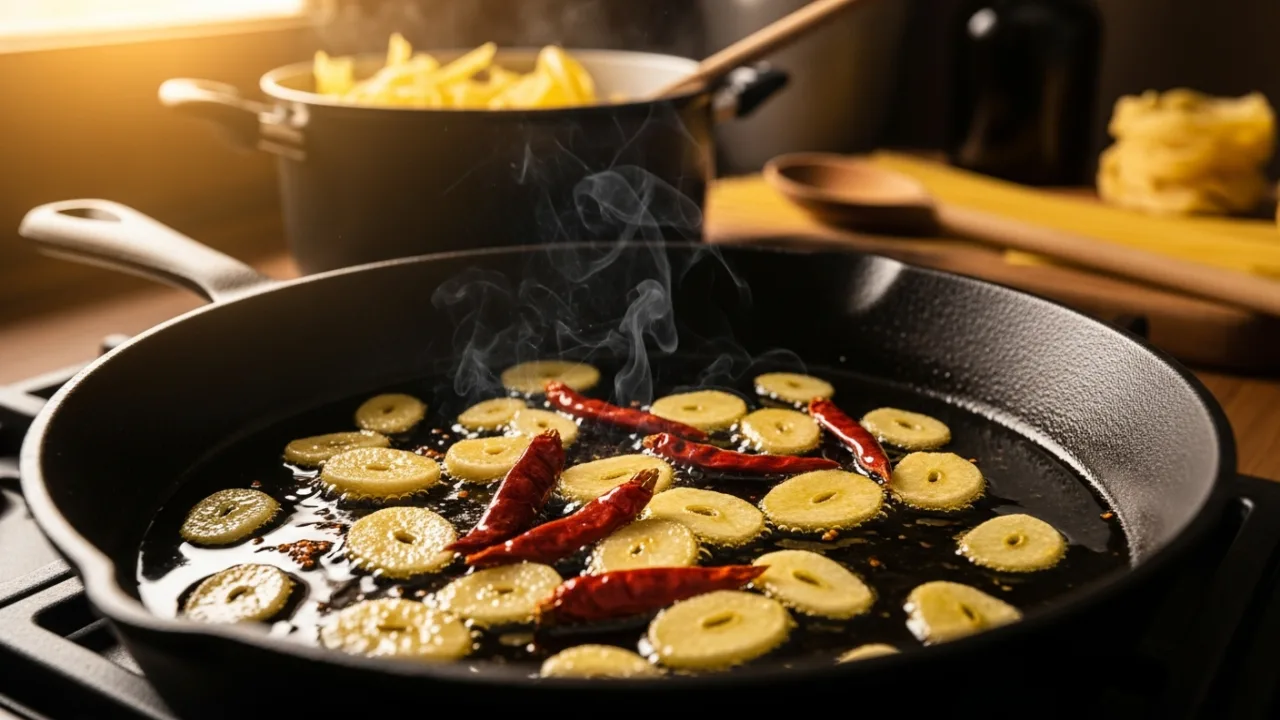 Goldene Knoblauchscheiben ziehen sanft in nativem Olivenöl extra in einer Eisenpfanne, dazu getrocknete Peperoncino – im Hintergrund ein Topf mit kochenden Spaghetti