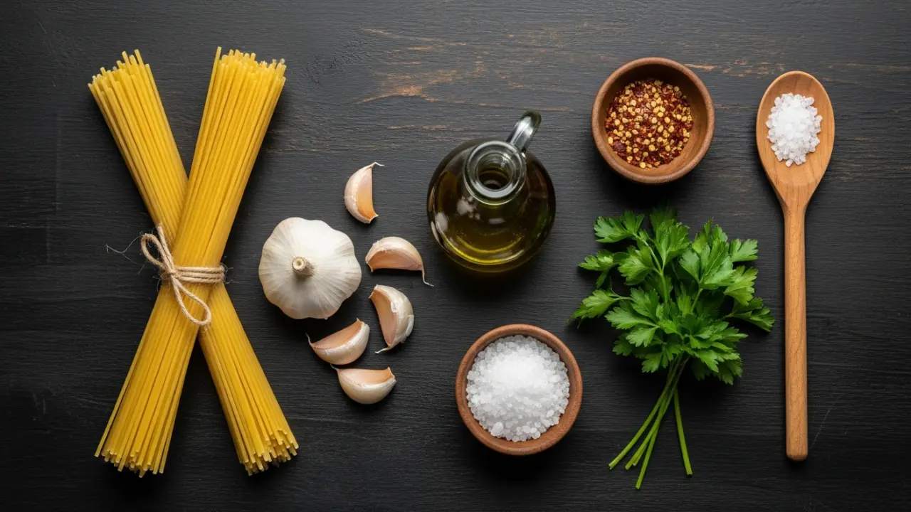Zutaten für original Spaghetti Aglio e Olio – Spaghetti, Knoblauchknolle und einzelne Zehen, natives Olivenöl extra, Peperoncino-Flocken, frische glatte Petersilie und grobes Meersalz auf dunklem Holzbrett