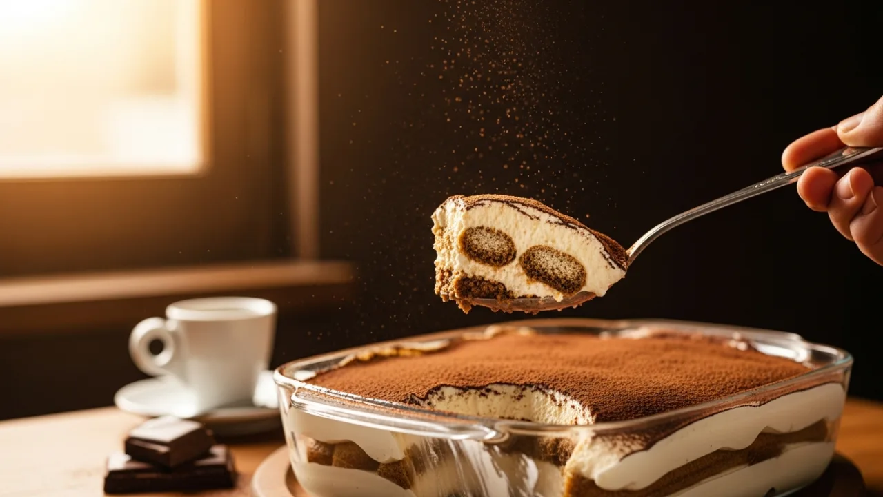 Creamy Tiramisu portion being lifted from the dish with a spoon – visible layers of mascarpone cream and espresso-soaked ladyfingers