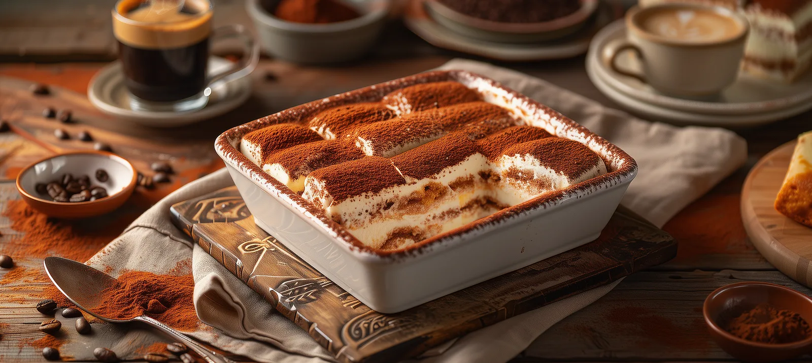 Original italienisches Tiramisu in weißer Keramik-Auflaufform mit dichter Kakaoschicht und sichtbaren Mascarpone-Schichten, dazu dampfender Espresso, eine Tasse Cappuccino, Kakaopulver und Kaffeebohnen auf rustikalem Holztisch