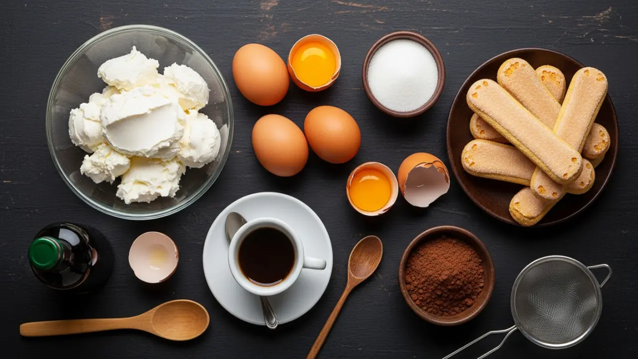 Ingredients for authentic Italian Tiramisu – mascarpone, fresh eggs, sugar, Savoiardi ladyfingers, strong espresso, unsweetened cocoa, and Marsala