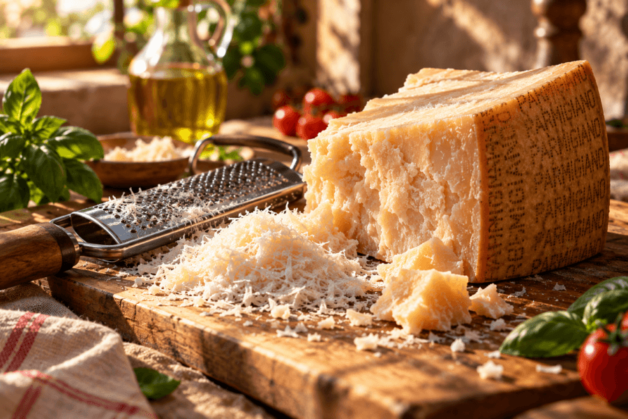 Parmigiano Reggiano with grater – ingredient for original Italian lasagne recipe