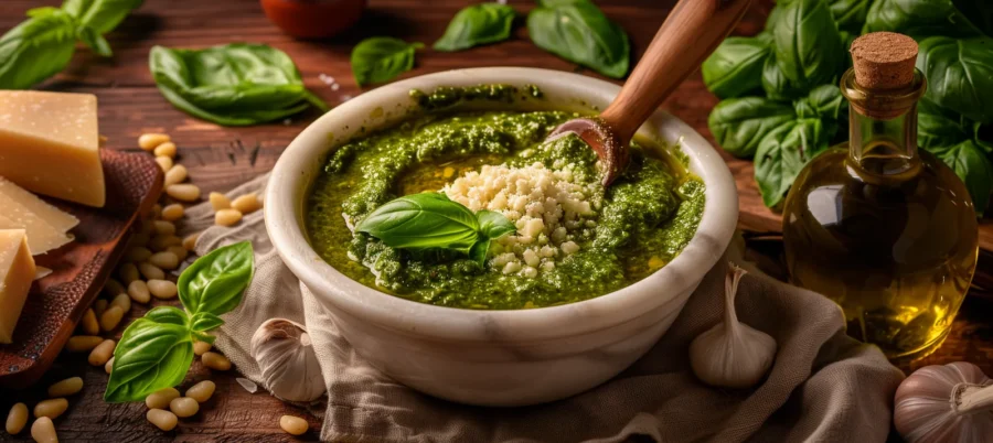 Pesto Genovese original italienisch – klassisches ligurisches Pesto mit Basilikum, Pinienkernen, Parmigiano und Olivenöl