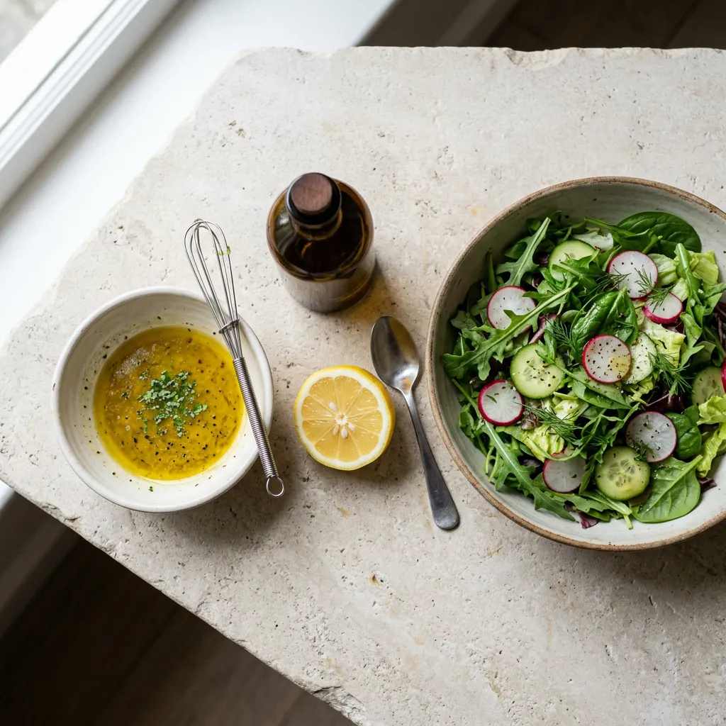 Vinaigrette citron-moutarde à l’huile d’olive à côté d’une salade verte fraîche