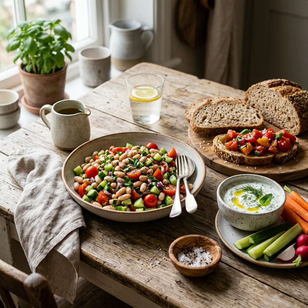 Salade de haricots, tartines à la tomate et dip aux herbes pour un déjeuner méditerranéen froid