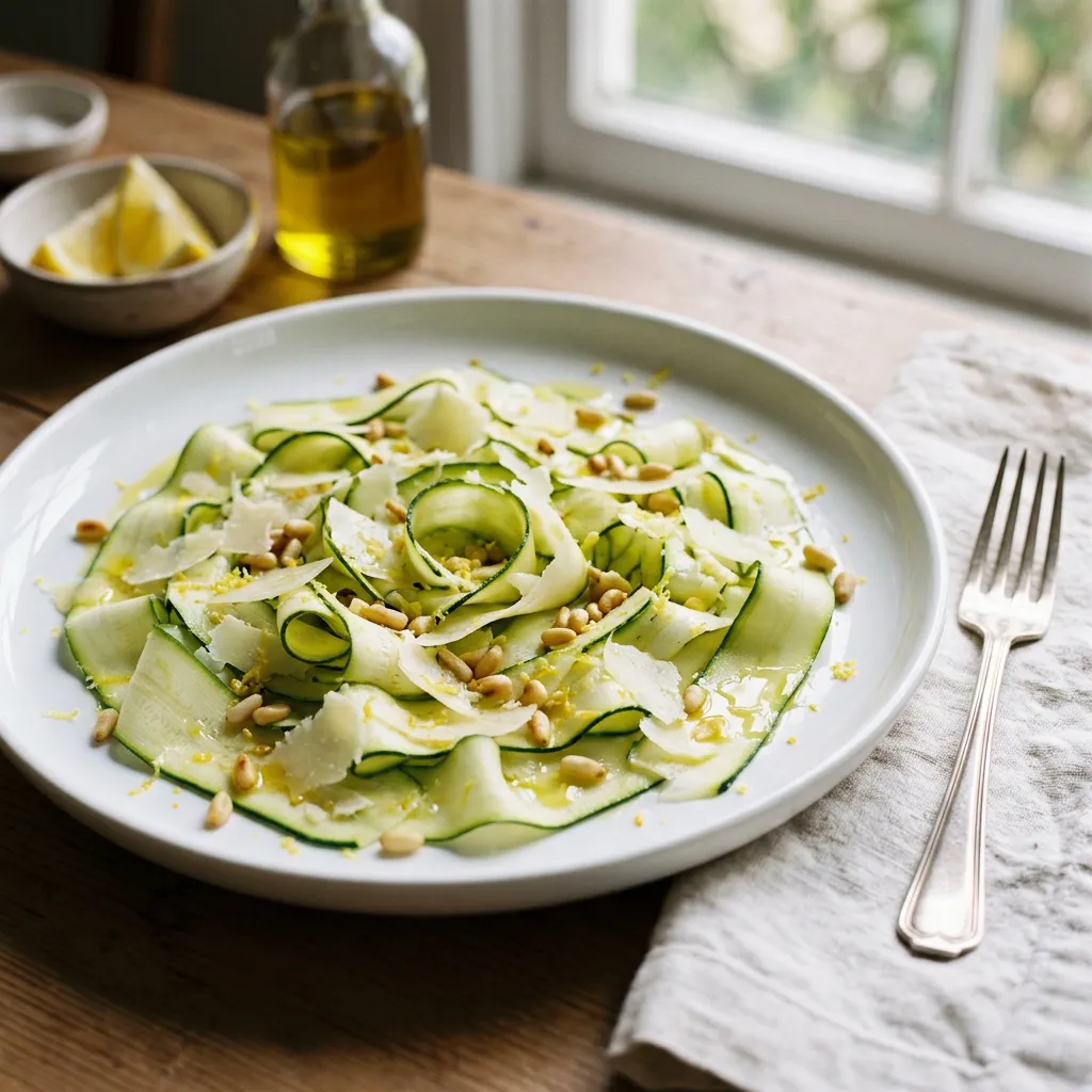 Carpaccio de courgettes à l’huile d’olive, zestes de citron, fromage à pâte dure et pignons de pin