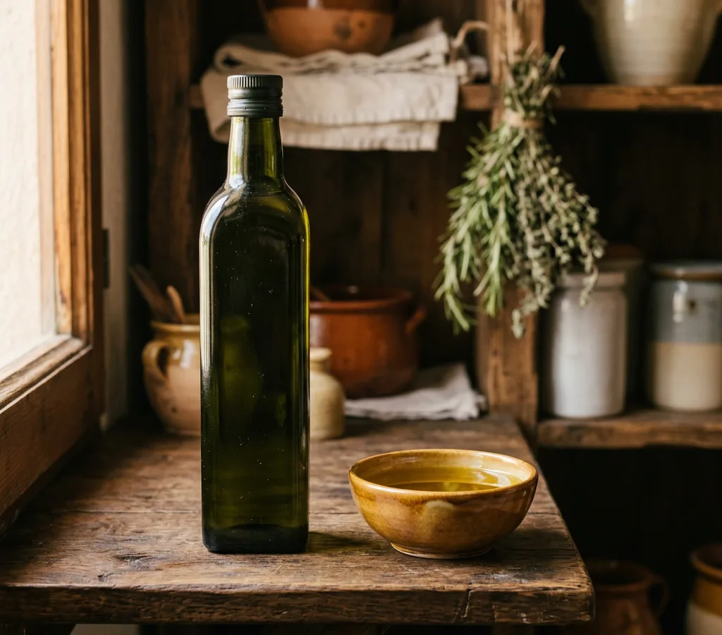 Sealed dark olive oil bottle in a shaded spot in the pantry
