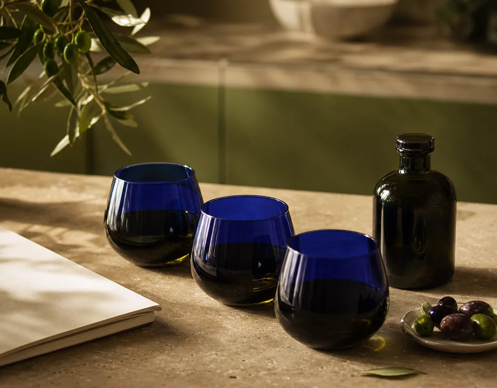 Blaue Verkostungsgläser für Olivenöl auf einem hellen Tisch neben Oliven und einer neutralen Flasche