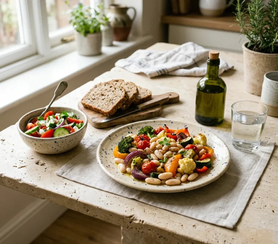Mediterrane Mahlzeit mit Gemüse, weißen Bohnen, Vollkornbrot, Olivenöl und Wasser