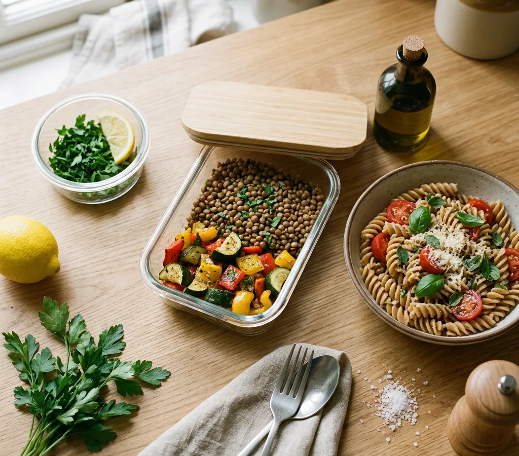 Plats méditerranéens préparés avec lentilles, légumes et pâtes complètes