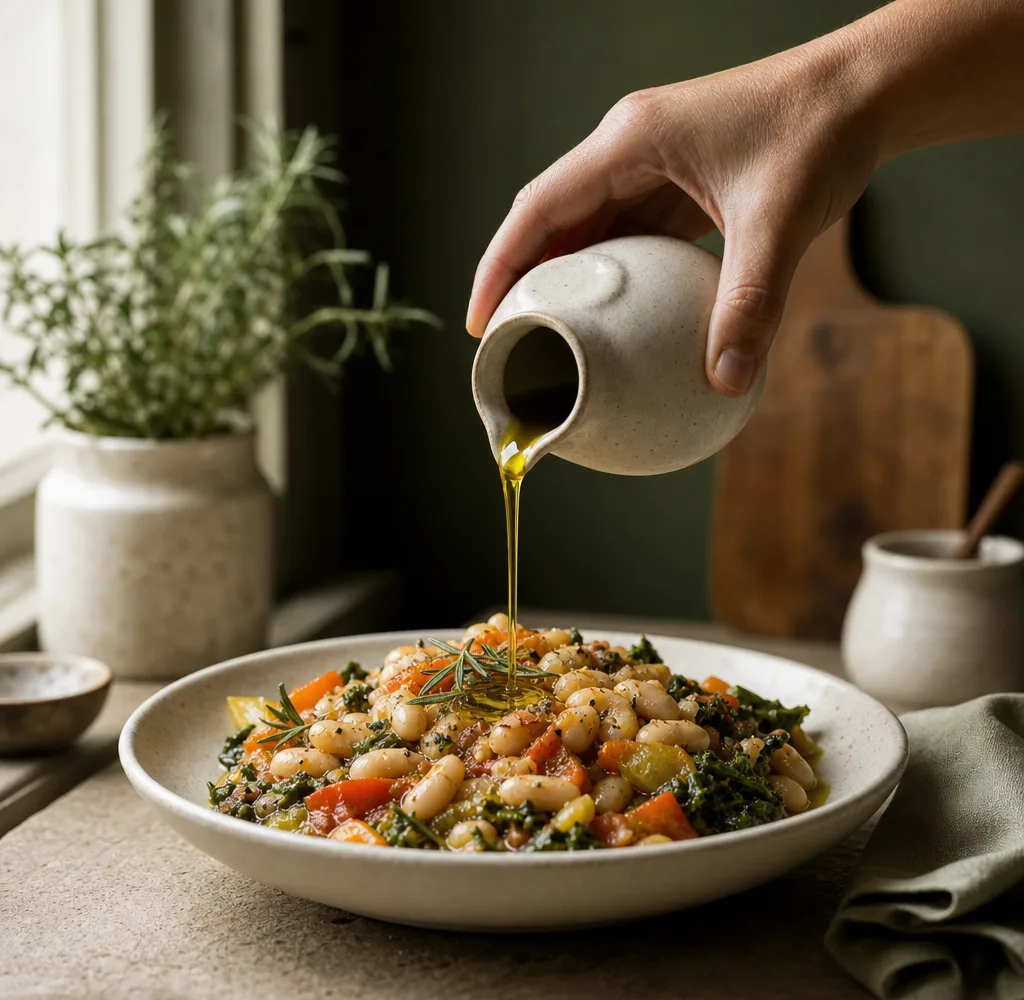 Olive oil being poured over white beans and vegetables