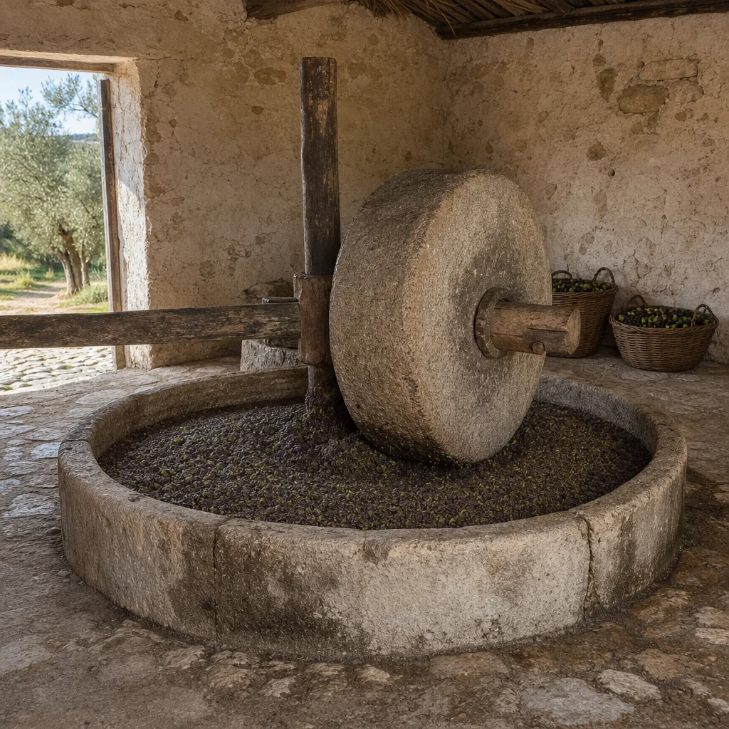 Moulin en pierre traditionnel illustratif pour le broyage des olives