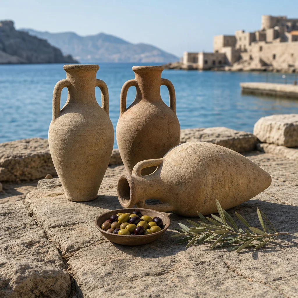 Amphores, olives et un port méditerranéen comme symbole du commerce antique de l’huile d’olive