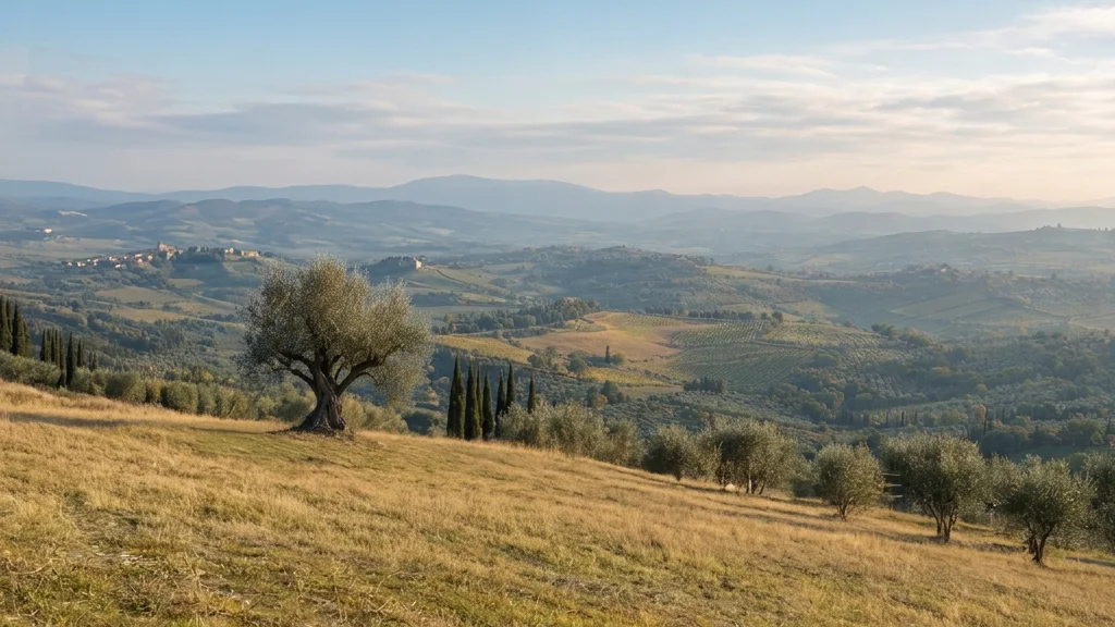 Old olive tree with its full canopy overlooking a Mediterranean valley