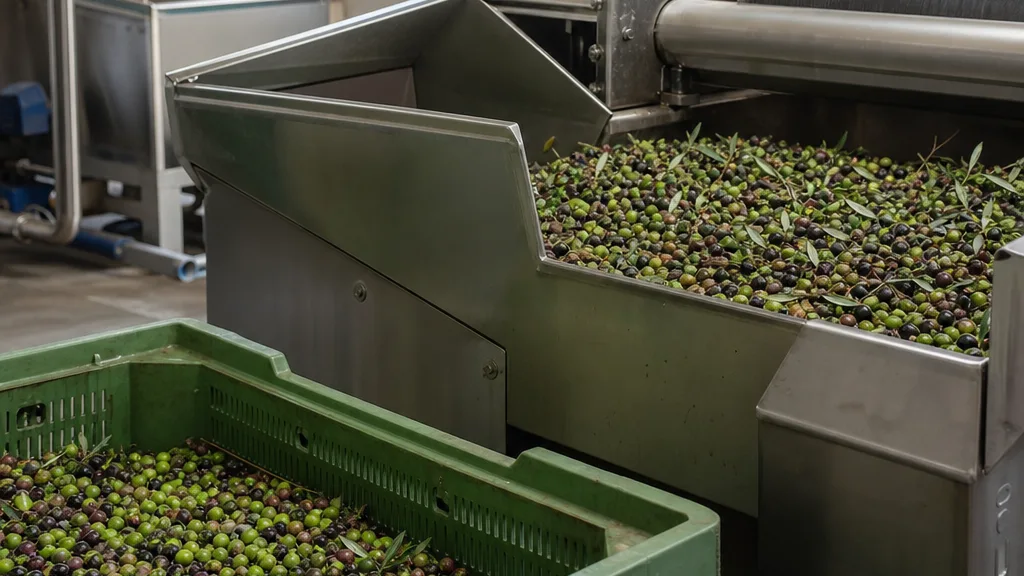 Olives fraîches dans une caisse de récolte à côté de l’équipement en acier inoxydable d’un moulin à huile