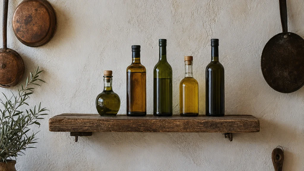 Closed olive oil bottles on a wooden shelf in a rustic Mediterranean kitchen, AI-generated illustrative image