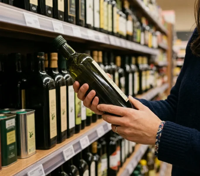 Gutes Olivenöl erkennen: Eine dunkle Olivenölflasche beim Einkauf im Supermarkt prüfen