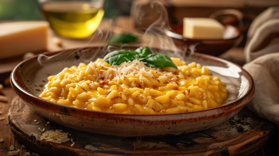 Risotto alla Milanese original italienisch – goldgelbes Safranrisotto mit geriebenem Parmesan auf einem rustikalen Teller