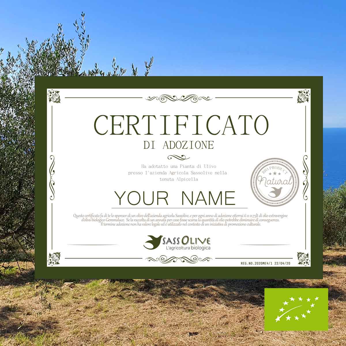 Certificato - Adotta un ulivo biologico in Italia